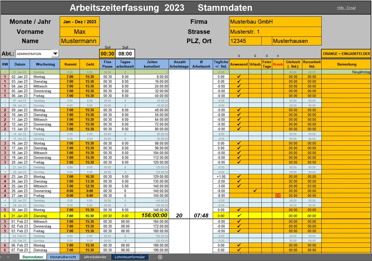Excel Arbeitszeiterfassung 2023 Feste Pause