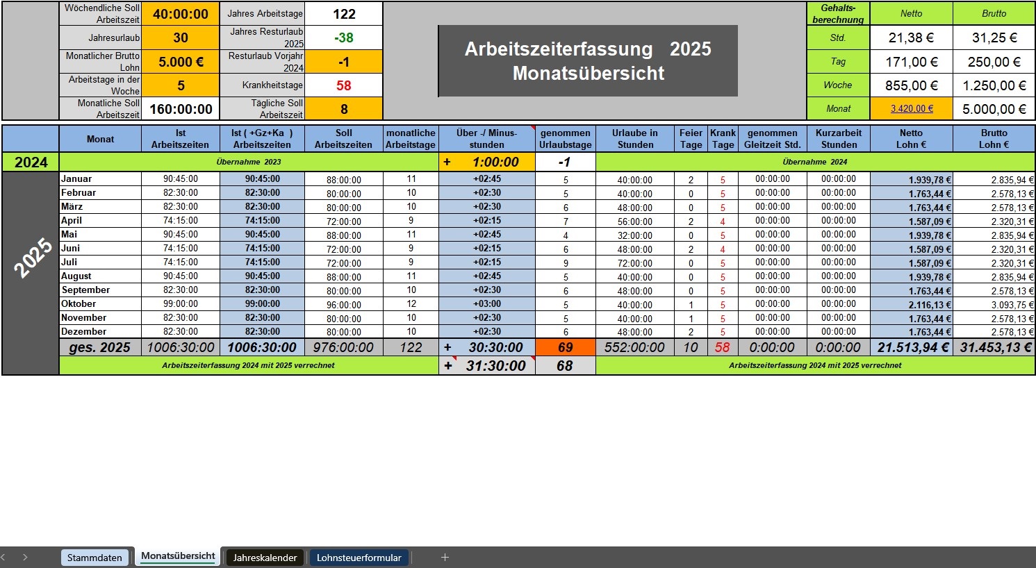 Excel Arbeitszeiterfassung 2025 Feste Pause