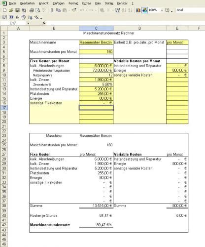 Kostenloses Excel Tool Maschinenstundensatz Rechnung Berechnung