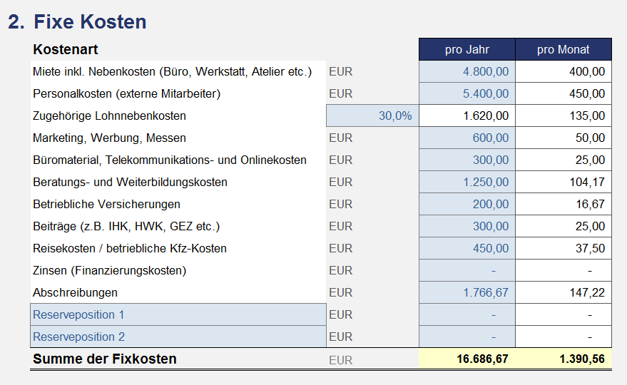 Excel Preiskalkulation Fur Selbstandige